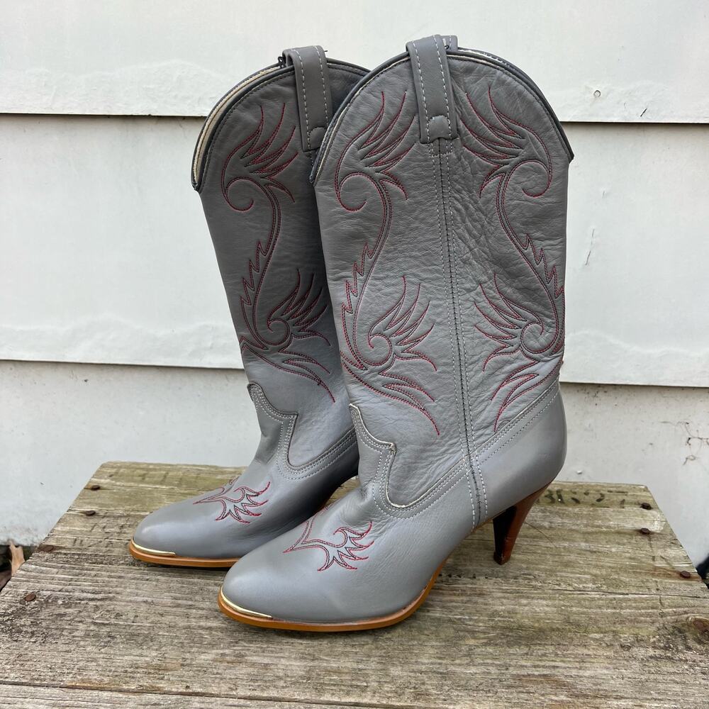 Vintage 80s Acme Gray High Heeled Cowgirl Western Boots 7M - Picture 4 of 8